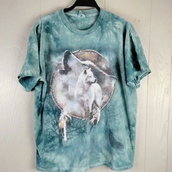 Vintage Y2K Wolf T-Shirt Mens Large Tie Dye Short Sleeve Dream Catcher Indian - Picture 1 of 8